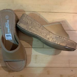 Tan slip on sandals with cork platform heel